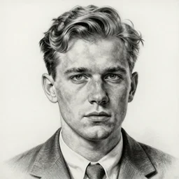 A pencil drawing portrait of a blond young Irish man with high cheekbones. Good bone structure. Dressed in 1940s style. Highly detailed, fine Art, high detail, great lighting, 8k resolution, masterpiece, concept art, illustration, clear eyes, painting oil on canvas, octane render, HDR, trending on artstation, 4k, 8k, HD