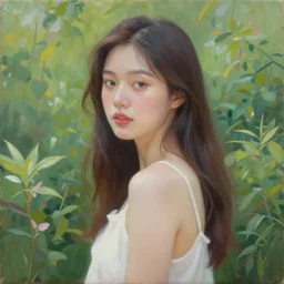 beautiful painting of a woman in garden, in the style of the pre - raphaelites, sharp focus, global illumination, highly detailed, masterpiece, award winning, post processing