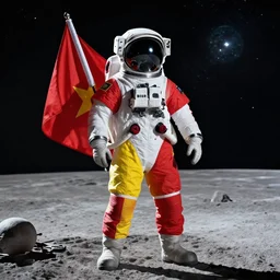 an astronaut in red on white on yellow costume holding vietnam flag, standing on the moon, cinematic composition, a realistic photograph, cosmic background, octane render