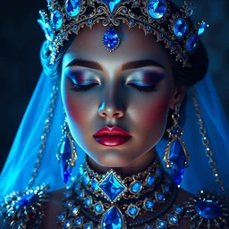 photo of princess of sapphire, eyes closed, glowing, ornate and intricate blue jewelry, jaw dropping beauty, glowing background lighting, blue accent lighting, hyper detailed, 4 k octane render