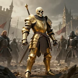 render of a knight with a skull head, wearing golden armor standing strong in the middle of a battlefield, hyper realistic, unreal, craig mullins, alex boyd, lord of the rings, game of thrones, dark souls, artstation, cinematic action shot, warhammer