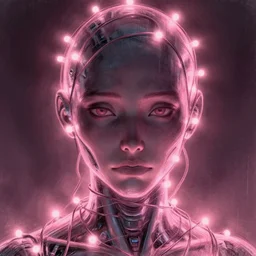 close up emotional cyborg face wrapped in pink string lights, sketch illustration, disney concept art, soft glow, dappled light, portrait art, backlit, indie studio, fantasy, rim lighting, intense, powerful, emotional, powerful, epic composition, noise, texture, rule of thirds, dappled light,
