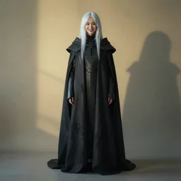 beautiful girl with ice white hair wearing long futuristic highly detailed dark cloak designed by yohji yamamoto standing in a shadow of the soft light, mystery, mysterious, soft muted colors, simple shapes, wes anderson, golden ratio, perfect composition, happiness, cannon ef 6 5 mm f / 2. 8