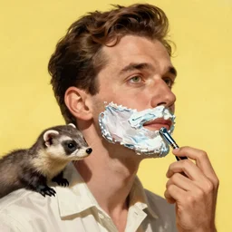 a 50s style illustration of a man shaving with a weasel, on a yellow background