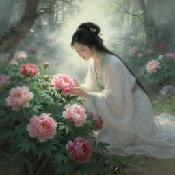 ancient fantasy garden, beautiful woman caring for peonies, fantasy world, ethereal back light, low global light, mist, coherent composition, 7 5 3 8, detailed fantasy painting, noriyoshi ohrai, yuumei