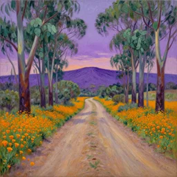 a painting of a dirt road surrounded by eucalyptus trees and california golden poppies, violet woodland hill in the distance, violet sunset. an oil painting by peter mohrbacher and john avon, green orange violet triadic color palette, featured on deviantart, australian tonalism, pre - raphaelite, impressionism, detailed painting