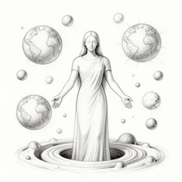 sketch of an omnipotent figure inside a void creating new worlds in the shape of white glowing spheres, astonishing detail