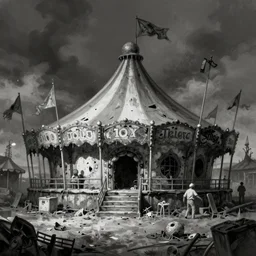 a monochrome sketch of a run down horror carnival, lots of detail, volumetric lighting, concept art, digital painting, trending on artstation