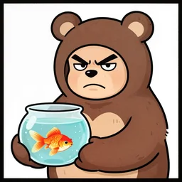 a grumpy human man wearing a bear costume, holding a fish bowl with a goldfish inside it, comic drawing in the style of bill watterson