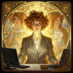 symmetry!! portrait of office worker, glowing lights!! intricate, elegant, highly detailed, digital painting, artstation, concept art, smooth, sharp focus, illustration, art by artgerm and greg rutkowski and alphonse mucha