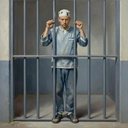 full length painting of a prisoner holding prison bars, highly detailed, high resolution, oil in canvas