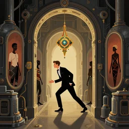 perfect expression, subconscious connects, purified consciousness, regal refined realistic, distinguished, elegant, man sneaking into secret lab, dieselpunk portals, dramatic lighting, maximalist magical artifact, illustrated, superflat contemporary style, heavy metal, graphic novel, simon stalenhag, fiona staples, dustin nguyen, peter elson, alan bean, wangechi mutu,