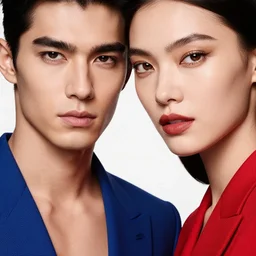 closeup of male and female supermodel, calvin klein, armani, red and blue and gold, high key portrait, lots of makeup
