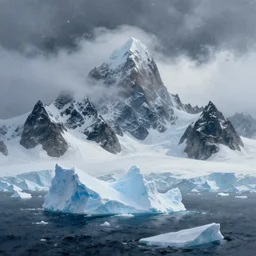 the mountains of madness landscape painting, antarctic, icebergs, snowstorm