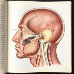 library inside anatomically accurate cross-sectional view of the human head from the side from medical book