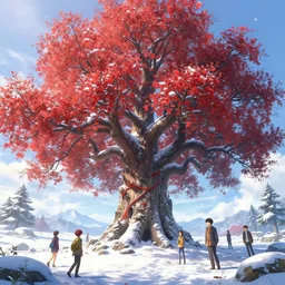 giant tree in snow with red flowers, unreal engine, fantasy art by greg rutkowski, loish, rhads, ferdinand knab, makoto shinkai and lois van baarle, ilya kuvshinov, rossdraws, tom bagshaw, global illumination, radiant light, detailed and intricate environment