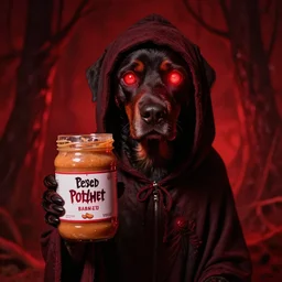 cultist dog glowing red eyes holding a jar of cursed forbidden peanut butter, lovecraftian horror, shitpost meme, dramatic red scary lighting, horror, peanut butter jar, dog