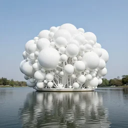 the white bubble cluster building formed by prato theorem, on the calm water, was designed by joseph platform
