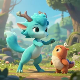 cyan cute spirit axie pet hitting enemy by tail, fantasy, studio ghibli, style artstation, style greg rutkowski, octane render, unreal engine 6, epic game graphics, fantasy, conceptual art, ray tracing