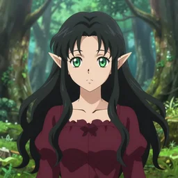 isekai enchanted forest cute bombshell anime druid with flowing black hair, burgundy dress. green palette symmetrical face. symmetrical detailed defined eyes. beautiful lineart. bokeh pixiv # 1 ranking depth of focus, chromatic aberration, noise, soft lighting, srgb, 4 k, by rembrant, kuvshinov, and ross tran