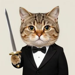 simple clear face head eyes fuzzy ears kitty cat tabby international spy 007 wearing a tuxedo brandishing a sword jordan grimmer maxfield parrish tom bagshaw Anato Finnstark Ismail Inceoglu 4k artstation