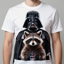 darth vader wearing a tshirt with print of a raccoon dressed as darth vader