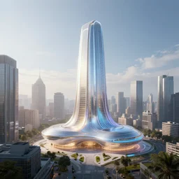 futuristic city hall overlooking city skyline, by frank lloyd wright, luminescent concept art, unreal engine 5, artstation highly detailed, digital art, 8 k hdr, soft lighting, hyperrealistic, godrays