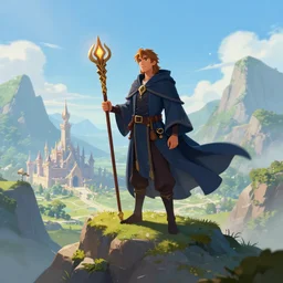 A male wizard with a staff standing on a mountain peak over looking  a kingdom, trending on artstation, digital art