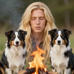 photo of hillbilly with long blonde hair and his australian shepherd around a bonfire, symmetric face