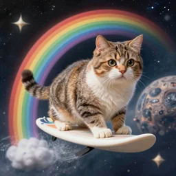 a chubby tabby cat surfing on a rainbow in outer space, diffuse lighting, fantasy, intricate, surrealism!!!!, highly detailed, lifelike, photorealistic, digital painting, artstation, illustration, concept art, smooth, sharp focus, by greg rutkowski, chris tulloch mccabe, valentina remenar and asher duran,