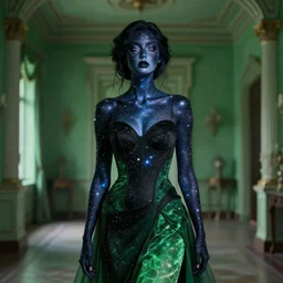 A woman whose skin is literally made out of space. Her skin looks like stars. She is literally the universe. She is wearing a black and green dress, and standing inside a green mansion