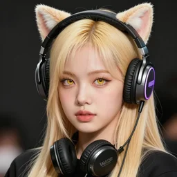 realistic beautiful gorgeous natural cute Blackpink Lalisa Manoban blonde hair cute fur blonde cat ears wearing headphones outfit golden eyes artwork drawn full HD 4K highest quality in artstyle by professional artists WLOP, Taejune Kim, Guweiz, ArtGerm on Artstation Pixiv