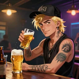 a punk rock guy serving beer at a bar, blond hair, cap, sleeveless, nose ring, digital illustration, comic, highly detailed, octane render, volumetric lighting, vibrant,
