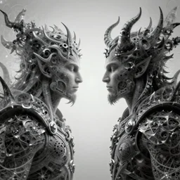 the squad of death and the incarnate of evil, fantasy character portrait made of fractals facing each other, ultra realistic, wide angle, intricate details, the fifth element artifacts, highly detailed by peter mohrbacher, hajime sorayama, wayne barlowe, boris vallejo, aaron horkey, gaston bussiere, craig mullins