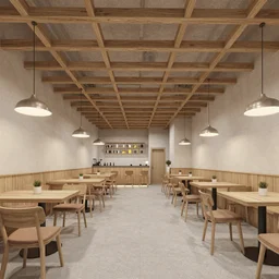 realistic rendering for interior design, cafe, bruatlism structure on the ceiling