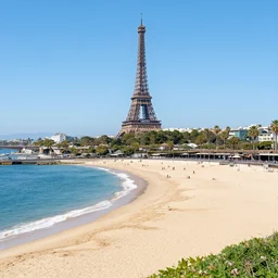 the beautiful city of paris rebuilt near the pacific ocean in sunny california, amazing weather, sandy beach, palm trees, splendid haussmann architecture, digital painting, highly detailed, intricate, concept art, trending on artstation, octane render, 8 k, unreal engine