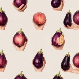 a seamless repeating pattern of hands holding eggplants and peaches. surreal photograph, lo - fi, polished look, solid background, silly and serious, hermes ad, fashion photography, toiletpaper magazine by pierpaolo ferrari and maurizio cattelan, 3 5 mm photograph, colourful, david lachapelle, canon eos c 3 0 0, 8 k, medium - format print