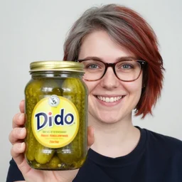 a smiling girl with short grey red hair and dark rim glasses, she is proudly holding a fido jar into the camera. close up. the fido jar is filled with big green pickles, by jacek malczewski