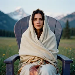 a color photograph, closeup portrait of a woman wrapped in linen and silk, sitting on a plastic throne, in glacier national park in montana, color photograph, by vincent desiderio, canon eos c 3 0 0, ƒ 1. 8, 3 5 mm, 8 k, medium - format print