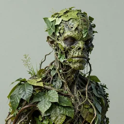 'straggled humanoid amalgamation of leaves and plants, face made of vines, swamp thing, detailed portrait, intricate complexity, Dan Mumford, quixel megascan' H 768
