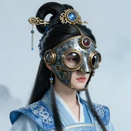 ancient chinese princess, steampunk mask, dynasty warriors, headshot, holy, unreal engine, 8 k, blue color scheme, headshot, highly detailed, smooth, ink painting, artstation, concept art, in style of yoji shinkawa, pan ren wei, col price, atey ghailan, by greg rutkowski, aesthetic