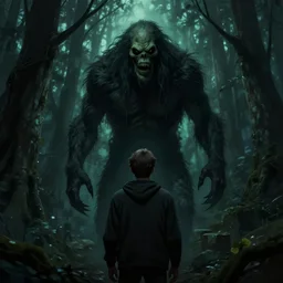 A scary wendigo creature standing behind a man in a dark forest, eerie, scary, horror, digital art, artstation, WLOP, Mandy Jurgens