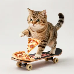 a cat riding a skateboard made from a pizza