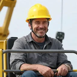 closeup portrait of cheerful bryan cranston controlling a crane, sitting in a crane, yellow hardhat, sitting in a crane, natural light, bloom, detailed face, magazine, press, photo, steve mccurry, david lazar, canon, nikon, focus