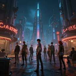 future city night from callahan's crosstime saloon ingame, by dan mumford, moebius, yukito kishiro, barclay shaw, karol bak, jean baptiste monge, high quality, high resolution, smooth 8 k octane rendered with volumetric cinematic dramatic light rutkowsky