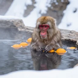 a Japanese macaque in a snowy hot spring, oranges floating in the water, early morning