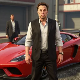elon musk in gta 5, screenshot, red supercar, npc, weapons, cinematic