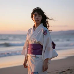 beautiful japanese girl with half open kimono standing in the wind on the beach during magic hour