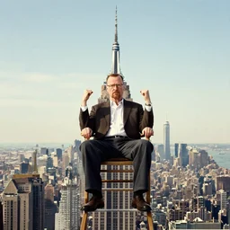 walter white from back sitting on chair standing on top of the empire state building strong stance photo by annie leibovitz