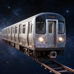 3 d render nyc subway train floating in open cosmos, r 6 2 a train, hyperrealism, ultra detailed, front locomotive view, unreal engine 5, octane render, 8 k wallpaper